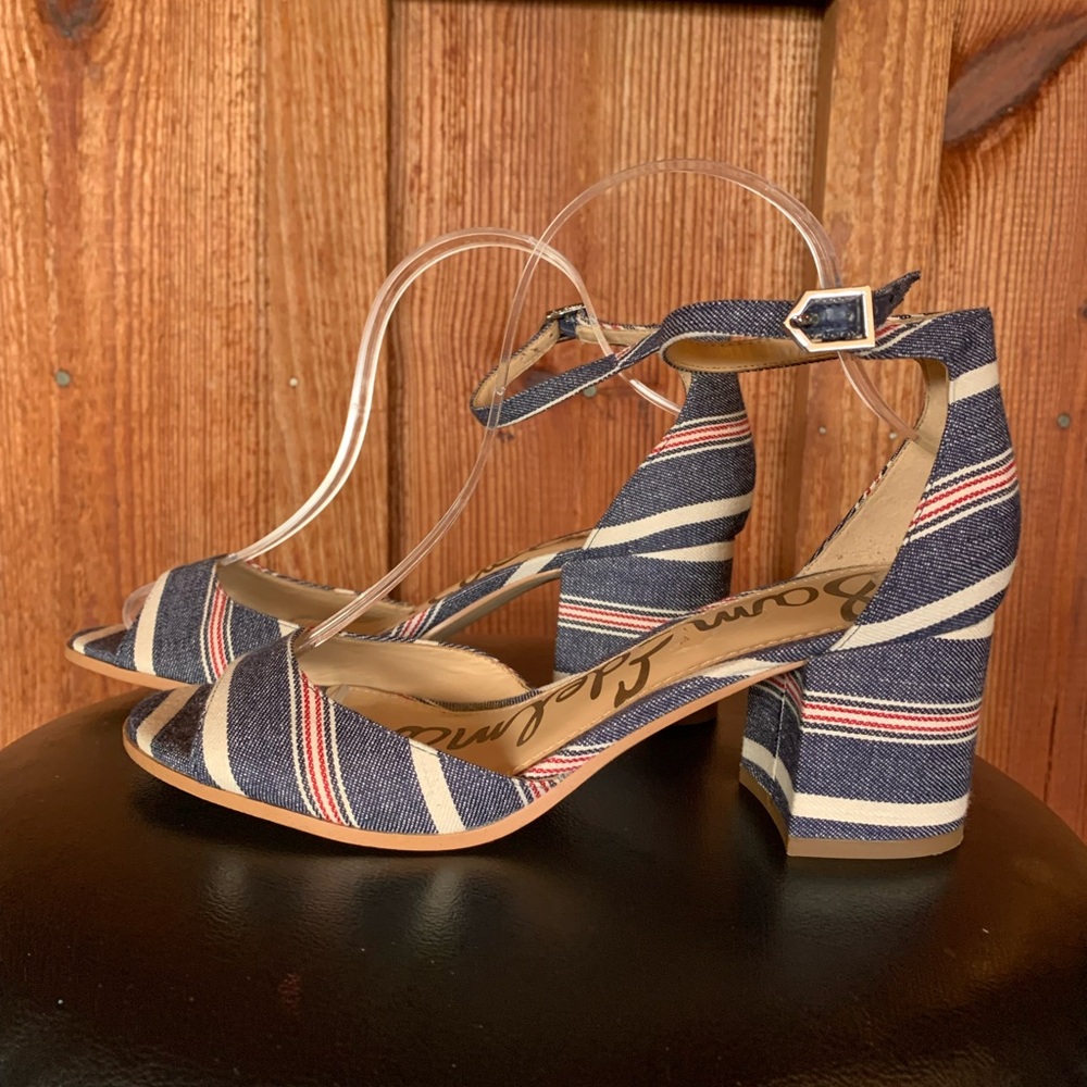 Sam Edelman Denim Stripe Susie Ankle Buckle Block Heels Size 8.5 Red White Blue